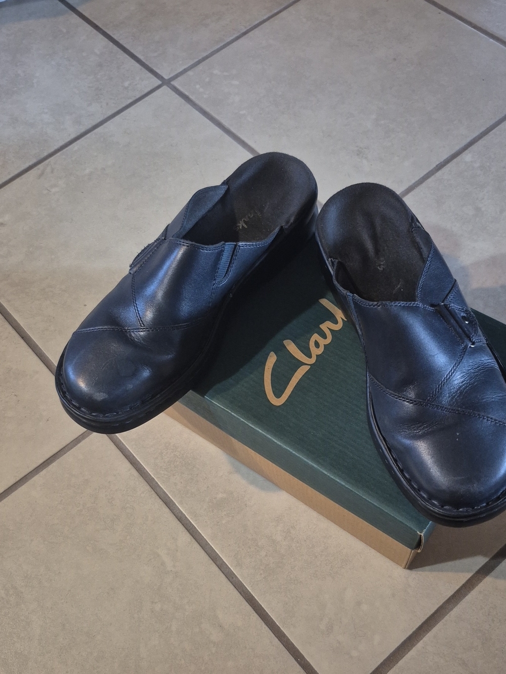 Clarks Black Leather Slip-On Mules